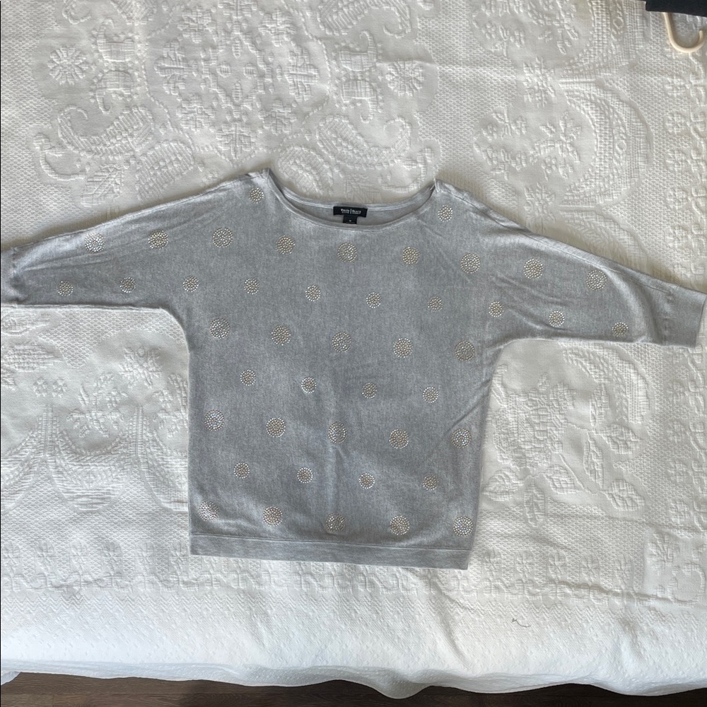 White House Black Market Light Gray Crewneck Sweater with Metallic Dot Details